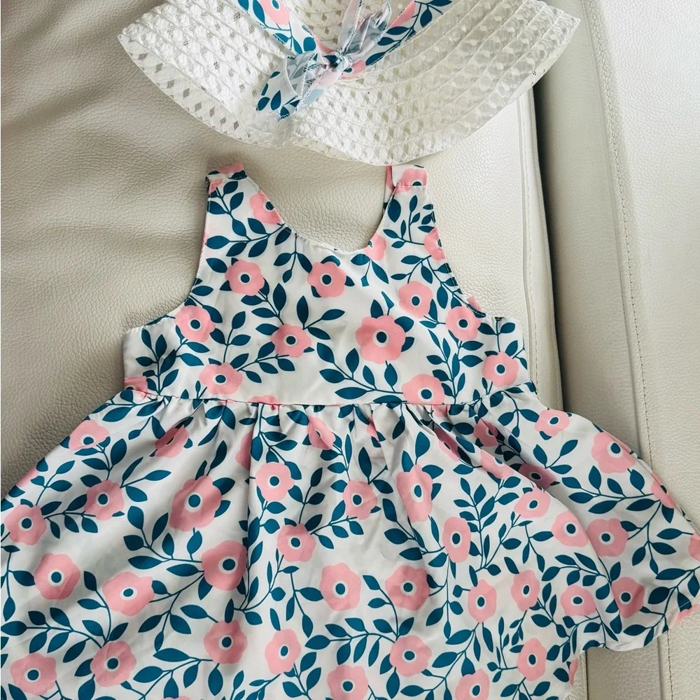 Floral Dress with Pink Bow and Hat